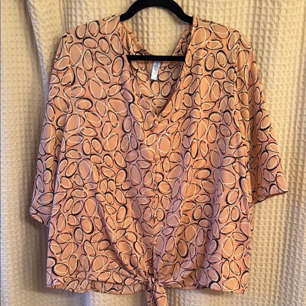 Pink Tie Front V-Neck Blouse with 3/4 Sleeves